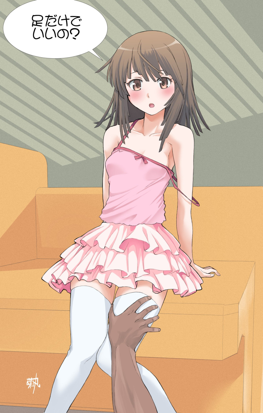 1girl :o absurdres arm_support armpits arms_behind_back artist_name bare_shoulders blush bow bow_camisole breasts brown_eyes brown_hair camisole cleavage collarbone commentary desk film_grain frilled_skirt frills hand_on_another's_leg highres kikumaru_bunta knees_together_feet_apart leaning_back looking_at_viewer medium_hair monogatari_(series) on_desk open_mouth pink_bow pink_camisole pink_skirt pov pov_hands sengoku_nadeko signature sitting skindentation skirt small_breasts solo_focus spaghetti_strap speech_bubble strap_slip thighhighs translated white_thighhighs zettai_ryouiki