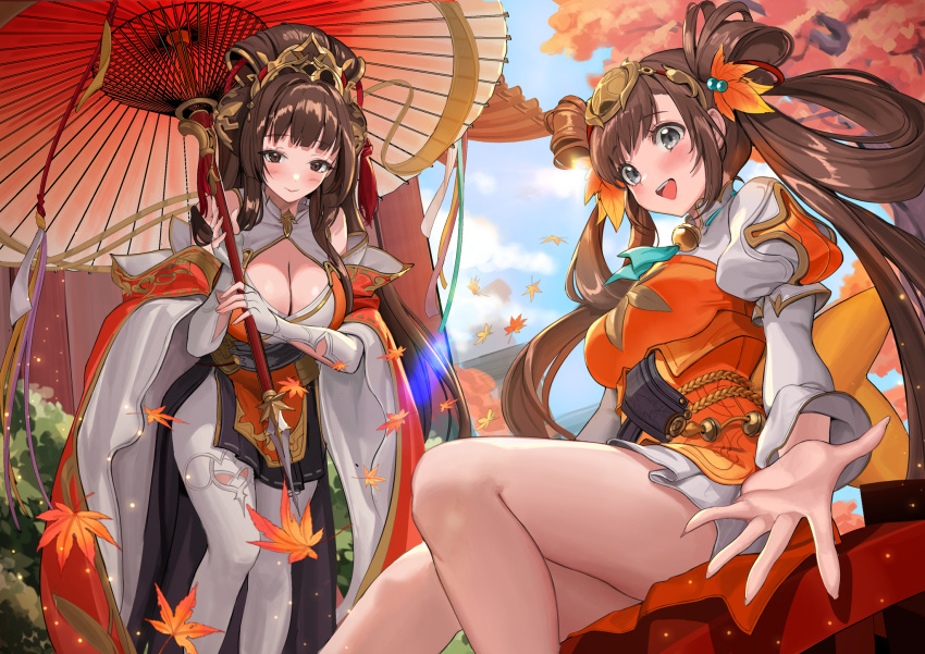 2girls bare_legs bell black_kimono blush breasts brown_eyes brown_hair bush character_request cleavage cleavage_cutout closed_mouth clothing_cutout cloud day detached_sleeves elbow_gloves falling_leaves feet_out_of_frame fingerless_gloves gloves gold_trim green_ribbon grey_eyes hair_ornament hair_rings highres holding holding_umbrella japanese_clothes jingle_bell juliet_sleeves kimono kimono_skirt large_breasts leaf leaning_forward long_hair long_sleeves looking_at_viewer maple_leaf mikan03_26 multiple_girls neck_bell oil-paper_umbrella open_mouth orient_arcadia outdoors pantyhose pelvic_curtain puffy_sleeves reaching reaching_towards_viewer red_kimono ribbon sidelocks sitting smile standing teeth tree twintails umbrella upper_teeth_only very_long_hair white_gloves white_kimono white_pantyhose wide_sleeves