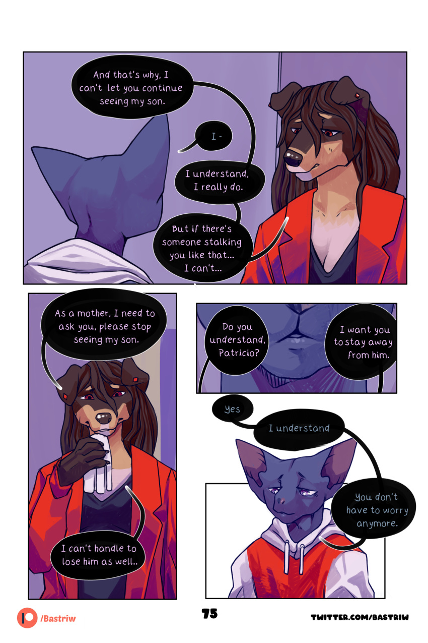 bastriw canid canine canis comic dialogue domestic_cat domestic_dog felid feline felis female green_eyes hi_res hospital male mammal pato_(bastriw) purple_eyes