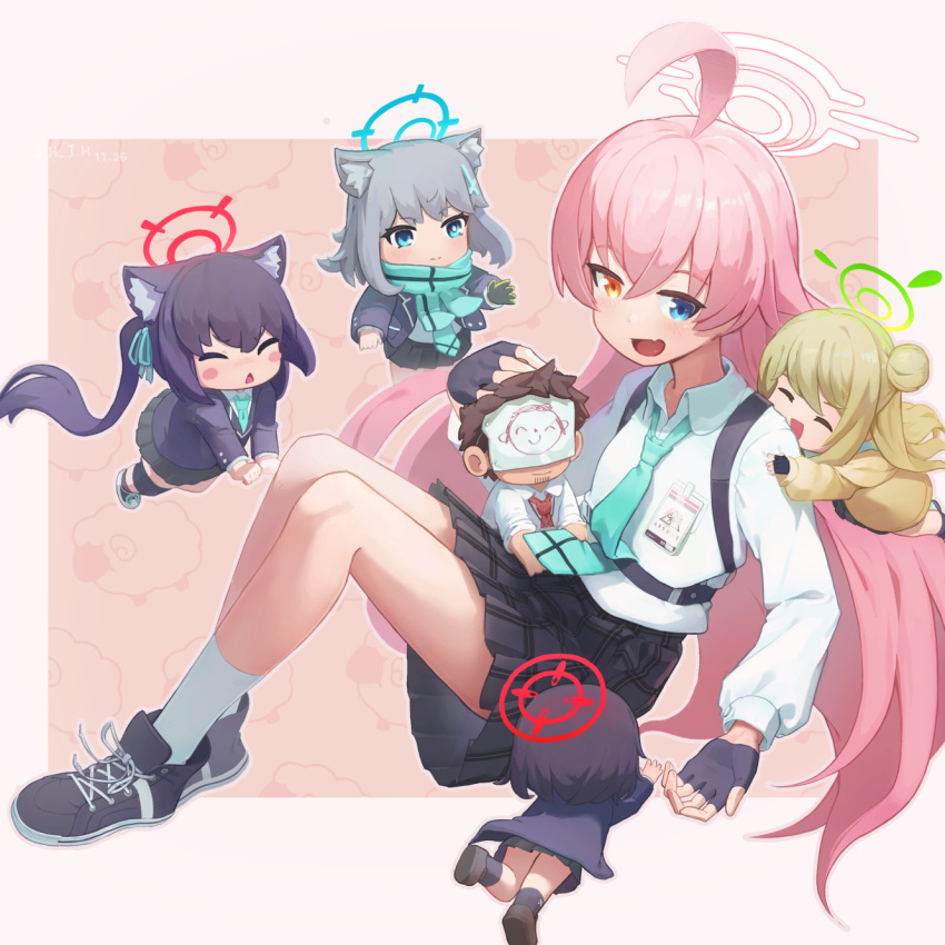 1boy 5girls ahoge animal_ear_fluff animal_ears ankle_socks artist_name ayane_(blue_archive) black_hair blonde_hair blue_archive blue_eyes blue_necktie blush chest_harness chibi collared_shirt dated doodle_sensei_(blue_archive) fang fingerless_gloves foreclosure_task_force_(blue_archive) gloves grey_hair halo harness heterochromia highres hoshino_(blue_archive) id_card j.h_j.h long_hair long_sleeves mismatched_pupils multiple_girls necktie nonomi_(blue_archive) orange_eyes paper_on_head pink_hair plaid plaid_skirt pleated_skirt sensei_(blue_archive) serika_(blue_archive) shiroko_(blue_archive) shirt shirt_tucked_in shoes skin_fang skirt sneakers socks very_long_hair white_shirt white_socks