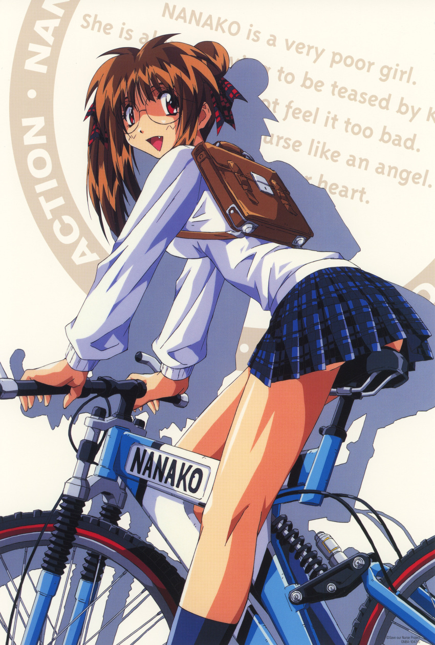 absurdres bicycle blue_skirt breasts briefcase brown_eyes brown_hair character_name double_bun fang glasses hair_bun highres large_breasts long_sleeves looking_at_viewer miniskirt nanako_kaitai_shinsho non-web_source official_art open_mouth plaid plaid_skirt pleated_skirt round_eyewear scan school_briefcase school_uniform semi-rimless_eyewear shichigusa_nanako side_ponytail skirt text_background yamashita_toshinari