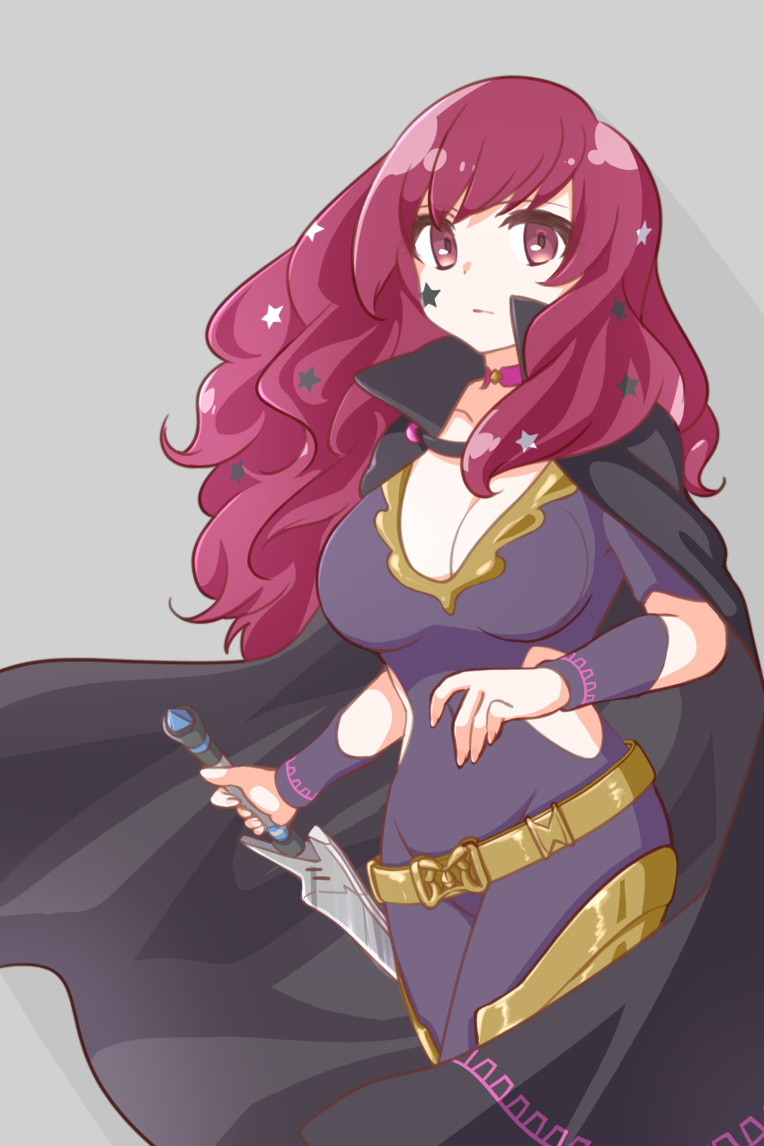 absurdres belt black_cape bodysuit breasts cape choker clothing_cutout facial_mark fire_emblem fire_emblem_engage gold_belt hair_ornament highres ikonaska large_breasts pink_choker purple_bodysuit side_cutout star_(symbol) star_facial_mark star_hair_ornament yellow_belt yunaka_(fire_emblem)