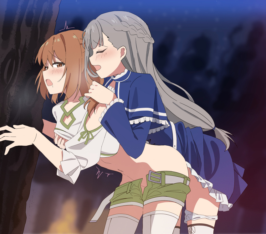 2girls ass belt blue_dress blurry blurry_background blush brown_hair closed_eyes commentary_request dress forest grabbing grabbing_another's_breast green_shorts grey_hair groping highres holding_another's_hair kanne_(sousou_no_frieren) lawine_(sousou_no_frieren) leaning_forward long_hair multiple_girls nature navel night night_sky open_belt open_fly open_mouth outdoors panties panties_around_one_leg sex sex_from_behind shirt short_hair shorts sky soha_(sirohase) sousou_no_frieren star_(sky) starry_sky thighhighs thighs underwear white_panties white_shirt white_thighhighs yuri