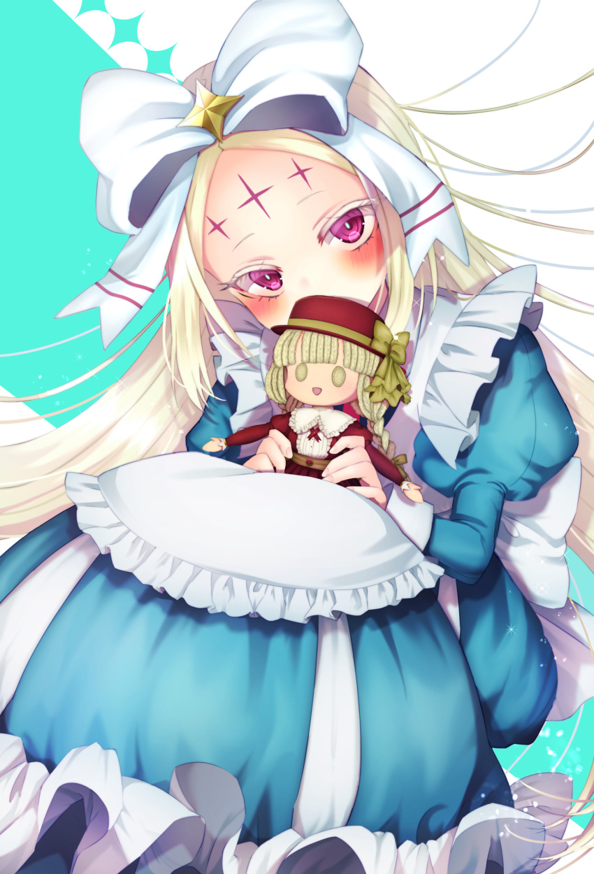 17ho_10ban 1girl apron blonde_hair blue_dress blush bow cross cross_facial_mark doll dress facial_mark forehead_mark hair_bow highres holding holding_doll long_hair long_sleeves looking_at_viewer mahou_shoujo_ni_akogarete morino_korisu nero_alice pink_eyes puffy_long_sleeves puffy_sleeves solo white_apron white_bow