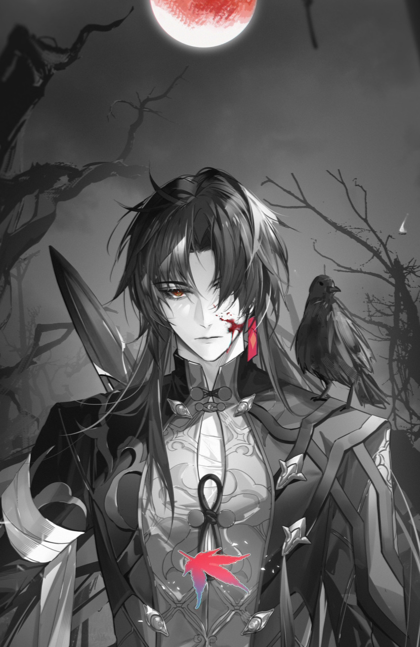 1boy absurdres animal_on_shoulder bandaged_arm bandaged_chest bandages bare_tree belt bird bird_on_shoulder blade_(honkai:_star_rail) blood blood_on_face brown_belt button_gap closed_mouth cowboy_shot crow earrings expressionless falling_leaves greyscale hair_over_one_eye highres holding holding_sword holding_weapon honkai:_star_rail honkai_(series) jacket jewelry jiuchuansi leaf long_hair long_sleeves male_focus maple_leaf monochrome moon multicolored_clothes multicolored_jacket night outstretched_arm parted_bangs red_eyes red_moon single_earring solo spot_color standing sword tree two-tone_jacket upper_body weapon weapon_on_back