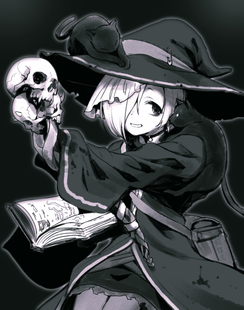 1girl animal_on_shoulder bag book cat cat_on_shoulder dokuromaru greyscale hair_over_one_eye hat highres idolmaster idolmaster_cinderella_girls looking_at_viewer monochrome robe shirasaka_koume short_hair shoulder_bag skull smile solo witch witch_hat