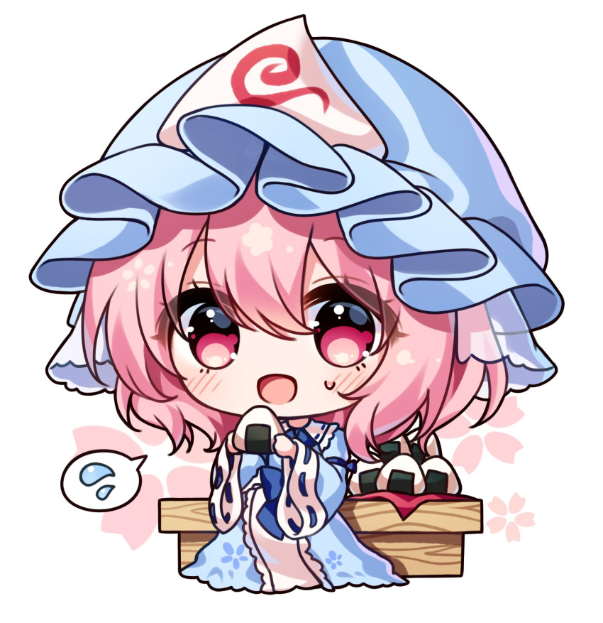 1girl blue_headwear chibi flying_sweatdrops food full_body hat highres holding holding_food mob_cap onigiri open_mouth pink_eyes pink_hair pudding_(skymint_028) saigyouji_yuyuko short_hair simple_background solo spoken_flying_sweatdrops touhou triangular_headpiece white_background