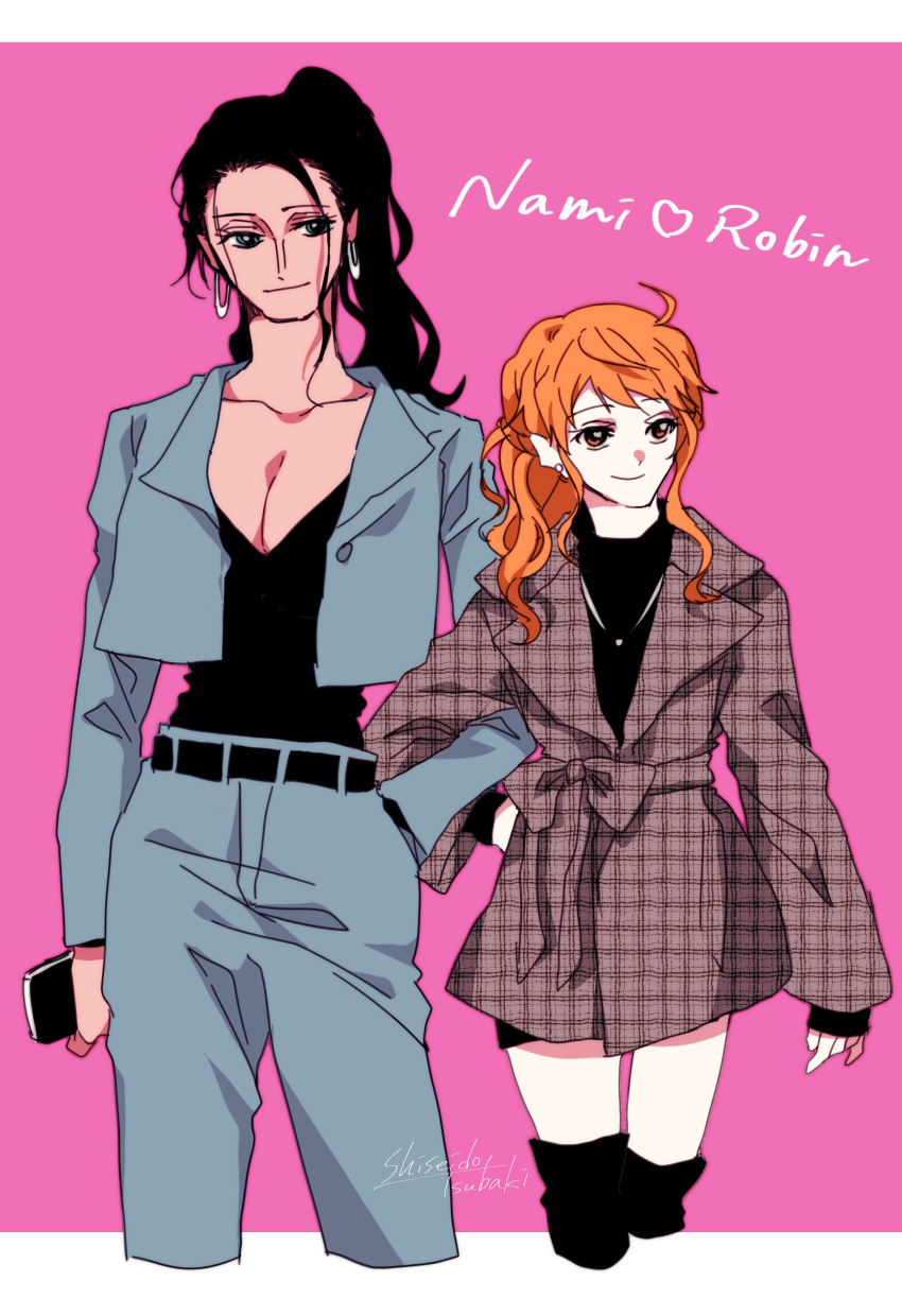 2girls absurdres artist_name belt black_hair black_shirt blue_jacket boots character_name commentary cowboy_shot cropped_legs earrings hand_in_pocket heart highres jacket jewelry long_hair looking_to_the_side multiple_girls nami_(one_piece) necklace nico_robin one_piece orange_hair pink_background ponytail shi_camellia8 shirt simple_background smile thigh_boots