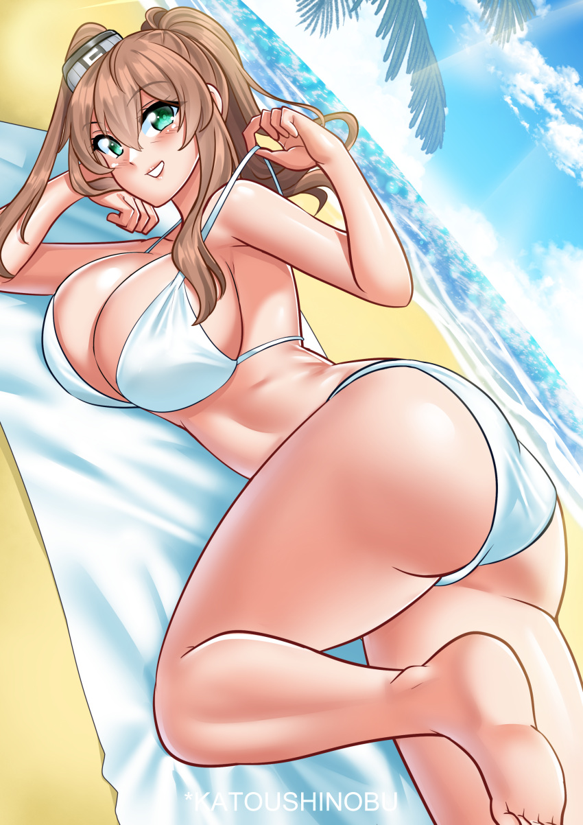 1girl absurdres ass battle_effectiveness_award beach bikini blue_sky breasts brown_hair cleavage cloud day feet_out_of_frame green_eyes hair_between_eyes high_side_ponytail highres horizon kantai_collection katou_shinobu large_breasts lips long_hair looking_at_viewer lying ocean on_stomach outdoors ponytail saratoga_(kancolle) side_ponytail sky smokestack_hair_ornament solo swimsuit white_bikini