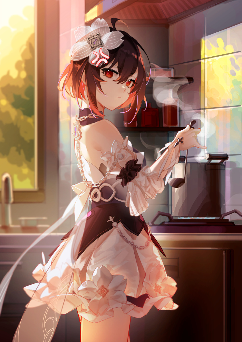 1girl absurdres ahoge anger_vein bare_shoulders black_hair chain closed_mouth cooking_pot day dress faucet flower from_side hair_between_eyes hair_flower hair_ornament hand_up highres holding honkai_(series) honkai_impact_3rd indoors ladle looking_at_viewer looking_to_the_side red_eyes red_hair sang_sha seele_(alter_ego) seele_vollerei seele_vollerei_(stygian_nymph) solo standing steam tile_wall tiles transparent white_dress white_flower window