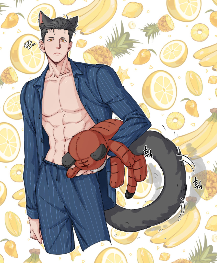 168broccoli 1boy abs animal_ears banana black_hair carrying carrying_under_arm cat_boy cat_ears cat_tail cropped_legs food fruit fruit_background highres kemonomimi_mode lemon looking_at_viewer male_focus mango mito_youhei muscular muscular_male open_clothes pajamas pineapple pineapple_slice pompadour slam_dunk_(series) sleepwear solo starfruit stuffed_animal stuffed_tiger stuffed_toy tail yellow_eyes