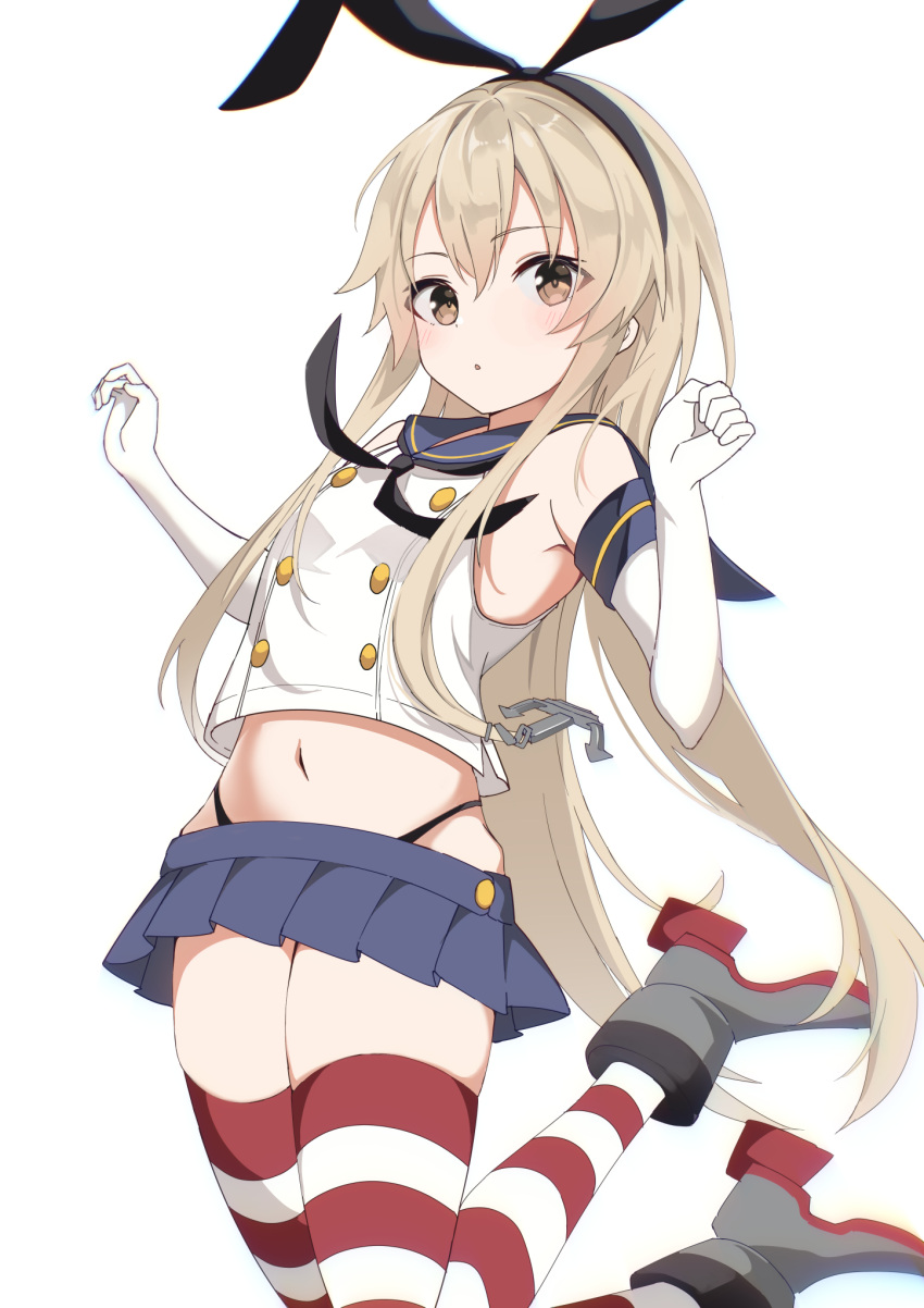 1girl black_neckerchief black_panties blonde_hair blue_sailor_collar blue_skirt blush breasts brown_eyes crop_top elbow_gloves fathom gloves highleg highleg_panties highres kantai_collection long_hair navel neckerchief panties parted_lips pleated_skirt rudder_footwear sailor_collar school_uniform serafuku shimakaze_(kancolle) simple_background skirt sleeveless small_breasts solo striped_clothes striped_thighhighs thighhighs underwear white_background white_gloves