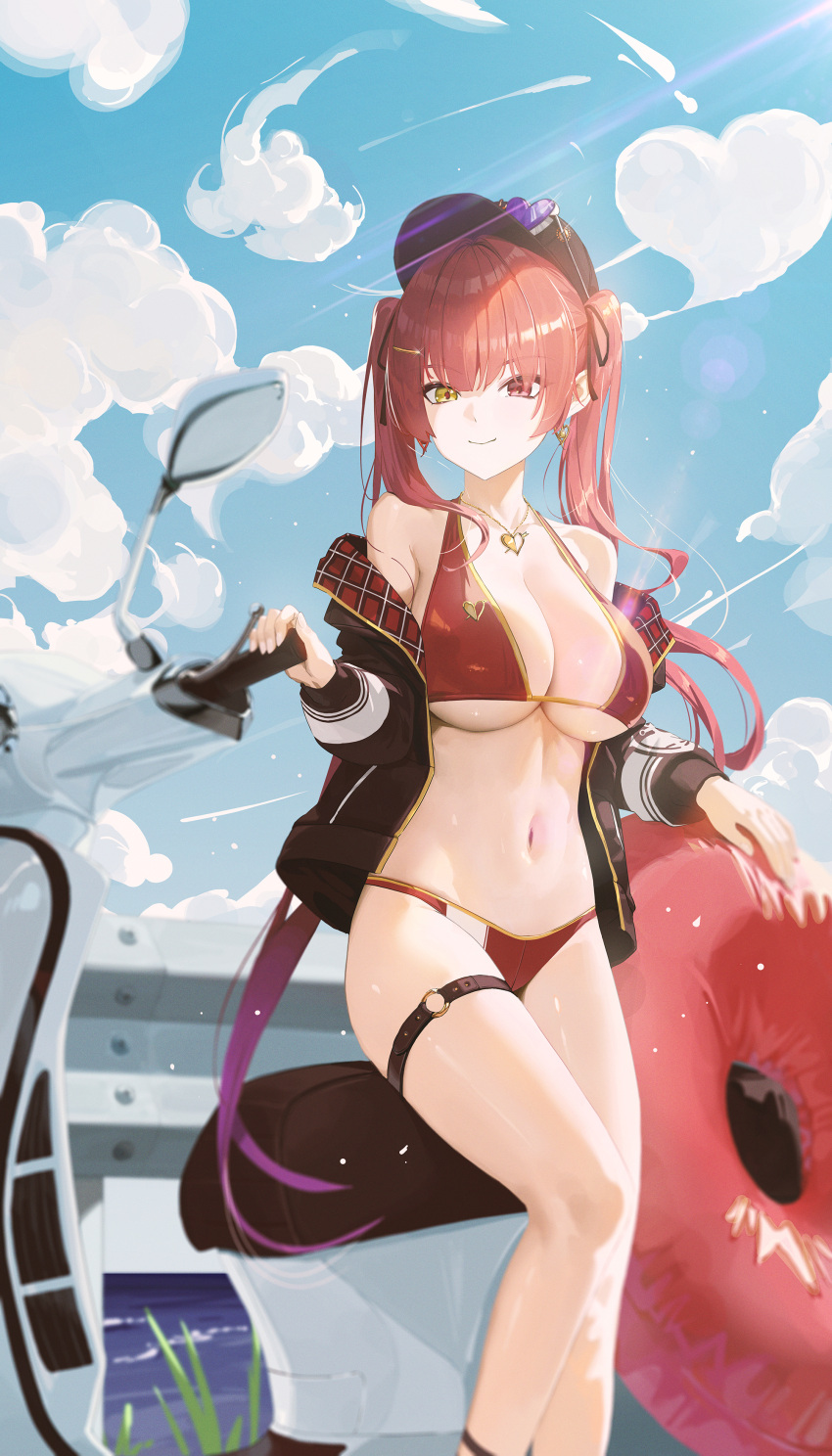 1girl absurdres baseball_cap bikini black_headwear black_jacket blue_sky breasts closed_mouth cloud cloudy_sky commentary_request earrings feet_out_of_frame fieryonion halterneck hat heart heart_earrings heart_necklace heterochromia highres hololive houshou_marine houshou_marine_(summer) jacket jewelry large_breasts long_hair long_sleeves looking_ahead motor_vehicle necklace o-ring o-ring_thigh_strap off_shoulder official_alternate_costume open_clothes open_jacket outdoors red_bikini red_eyes red_hair scooter sky smile solo standing swim_ring swimsuit thigh_strap twintails virtual_youtuber yellow_eyes