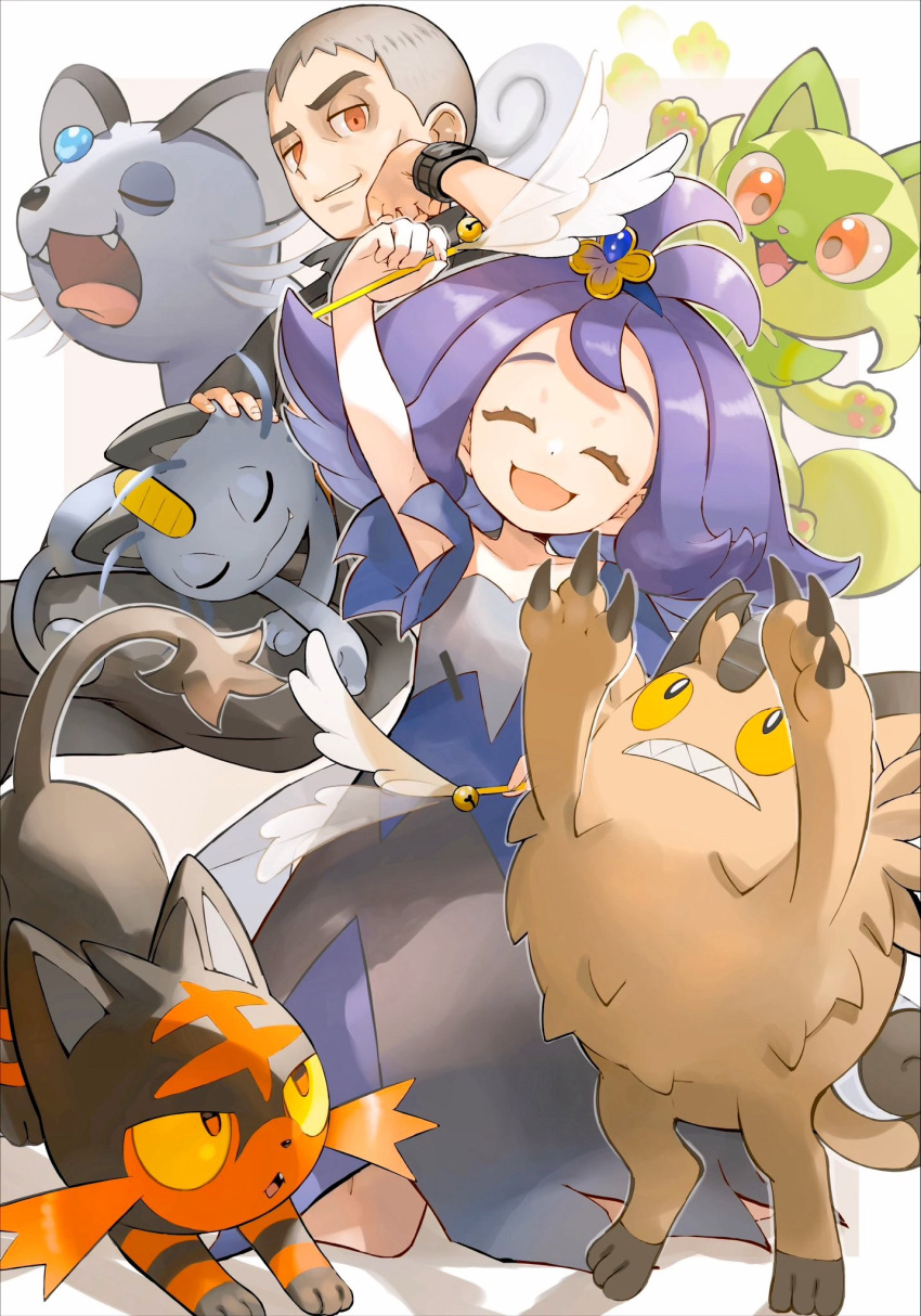 1boy 1girl :d acerola_(pokemon) alolan_meowth alolan_persian black_fur brown_fur cat claws closed_eyes colored_sclera eyelashes fangs forehead_jewel galarian_meowth green_fur grey_hair highres litten medium_hair nanu_(pokemon) open_mouth orange_eyes orange_mikan parted_lips pawpads pokemon pokemon_(creature) purple_hair red_eyes sharp_teeth short_hair simple_background smile snout species_connection sprigatito tail teeth white_background yawning yellow_sclera