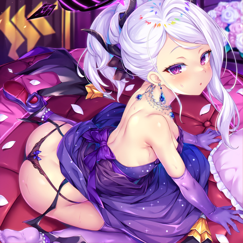 1girl ass asymmetrical_hair backless_dress backless_outfit bare_shoulders black_panties blue_archive blush bow bow_panties breasts commentary_request demon_girl demon_horns demon_wings dress earrings elbow_gloves gloves halo highres hina_(blue_archive) hina_(dress)_(blue_archive) horns jewelry looking_at_viewer necklace official_alternate_costume paid_reward_available panties parted_lips purple_dress purple_eyes purple_gloves purple_halo shoe_soles shoes single_shoe sitting small_breasts soles solo strapless strapless_dress toraishi_666 underwear variant_set wariza white_hair wings