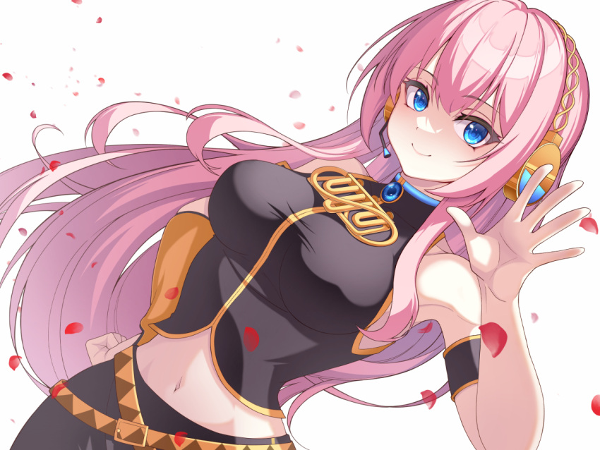 1girl arm_strap armpits bare_arms black_shirt blue_eyes breasts closed_mouth dress_shirt dutch_angle floating_hair hair_between_eyes hand_on_own_hip headphones headset long_hair looking_at_viewer medium_breasts megurine_luka microphone midriff navel petals pink_hair shirt sleeveless sleeveless_shirt smile solo standing stomach very_long_hair vocaloid white_background yorunaku_tanishi