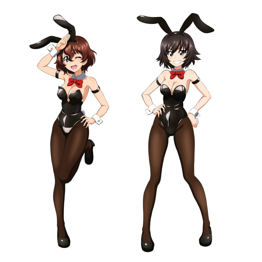 2girls akaboshi_koume animal_ears arm_up black_footwear black_leotard blue_eyes blush bow bowtie breasts brown_hair brown_pantyhose cleavage fake_animal_ears fake_tail girls_und_panzer green_eyes grin hairband hands_on_own_hips hida_ema high_heels highres key_(gaigaigai123) large_breasts leotard looking_at_viewer multiple_girls one_eye_closed open_mouth pantyhose parted_lips playboy_bunny rabbit_ears rabbit_tail red_bow red_bowtie short_hair simple_background smile tail teeth white_background wrist_cuffs
