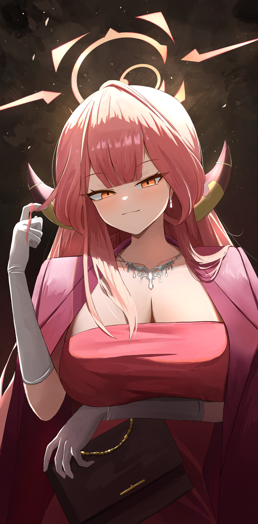 1girl :3 absurdres aipa arm_under_breasts aru_(blue_archive) aru_(dress)_(blue_archive) bag black_background blue_archive blunt_bangs blush breast_hold breasts center-flap_bangs cleavage closed_mouth collarbone commentary demon_horns dress elbow_gloves gloves hair_over_shoulder halo hand_up handbag highres horns huge_breasts jewelry light_particles long_hair looking_at_viewer necklace orange_eyes orange_halo playing_with_own_hair red_hair sidelocks simple_background smile solo split_mouth tsurime upper_body white_gloves