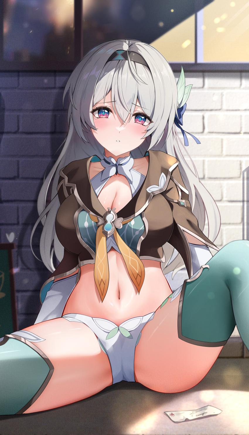 1girl absurdres aqua_thighhighs black_hairband black_shirt blush breasts cleavage commentary_request crop_top firefly_(honkai:_star_rail) grey_hair hairband highres honkai:_star_rail honkai_(series) large_breasts long_hair looking_at_viewer midriff navel panties parted_lips purple_eyes shirt sitting solo stomach thighhighs thighs underwear very_long_hair white_panties yeni1871