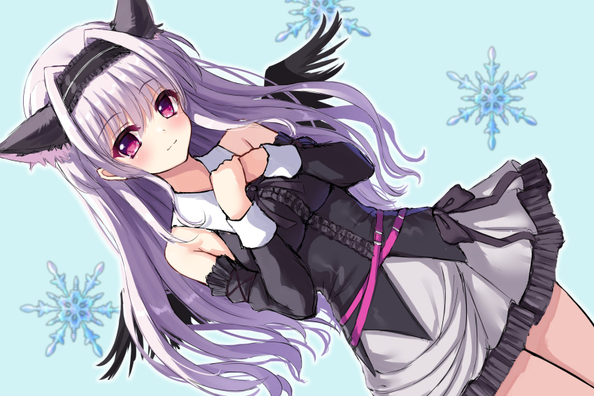 1girl :3 adapted_costume amaha_miu animal_ears bare_shoulders black_dress black_hairband black_wings blush cat_ears center_frills closed_mouth commentary_request cowboy_shot detached_sleeves dress dutch_angle eyes_visible_through_hair fake_animal_ears frilled_hairband frills grey_hair hair_between_eyes hair_intakes hairband hands_up highres light_blue_background long_hair long_sleeves looking_at_viewer mashiroiro_symphony ncontrail_(mgax7527) own_hands_together red_eyes sidelocks simple_background sketch sleeveless sleeveless_dress smile snowflakes solo split_mouth wings