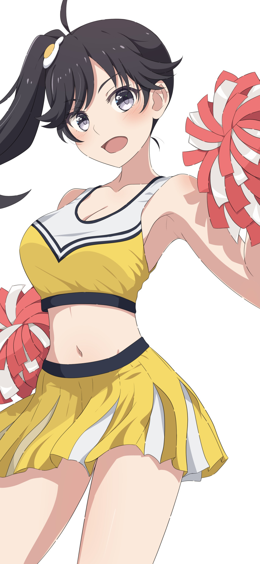 1girl absurdres ahoge araragi_karen armpits bare_shoulders black_eyes black_hair breasts camui1104 cheerleader cleavage commentary cowboy_shot crop_top egg_hair_ornament food-themed_hair_ornament hair_ornament hand_up highres holding holding_pom_poms large_breasts long_hair looking_at_viewer midriff monogatari_(series) navel open_mouth pleated_skirt pom_pom_(cheerleading) shirt side_ponytail simple_background skirt sleeveless sleeveless_shirt smile solo standing white_background yellow_skirt