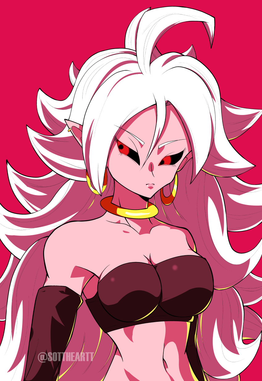 1girl absurdres android_21 dragon_ball dragon_ball_fighterz earrings highres jewelry navel pointy_ears red_background red_eyes simple_background solo sottart white_hair