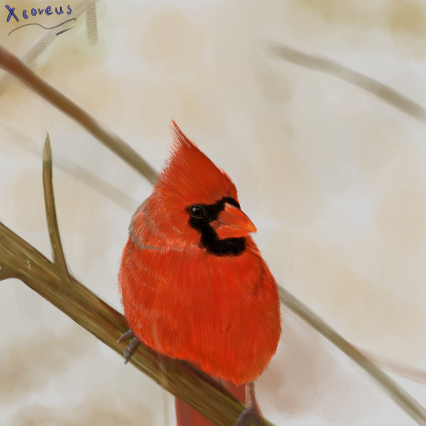 absurd_res avian bird feathers feral fluffy hi_res looking_at_viewer nature outside photorealism signature sitting_on_branch smile smirk tail tail_feathers xcoreus