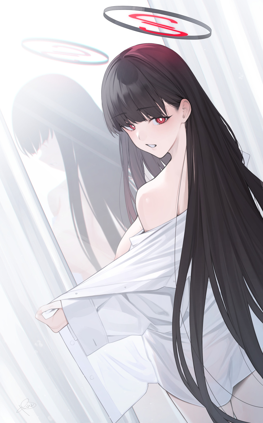 1girl absurdres black_hair blue_archive blunt_bangs blush breasts bright_pupils commentary_request from_behind halo highres large_breasts long_hair long_sleeves looking_back mirror red_eyes reflection rerrere rio_(blue_archive) shirt smile solo standing very_long_hair white_shirt