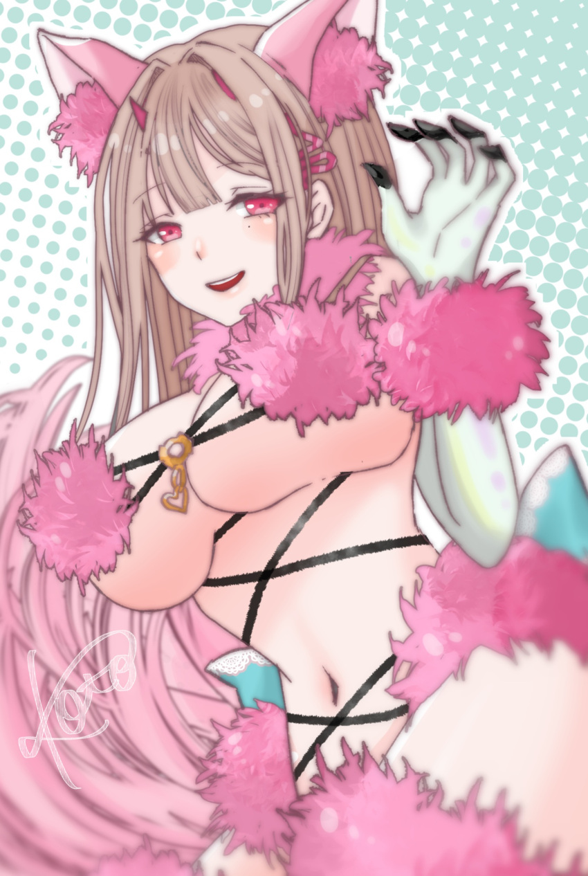 1girl alternate_color animal_ear_fluff animal_ears bikini blush breasts claw_pose commentary_request cosplay fur_bikini fur_collar fur_trim gloves goddess_of_victory:_nikke hair_ornament hand_up highres horns i_(kotombre_0370) large_breasts looking_at_viewer mash_kyrielight mash_kyrielight_(dangerous_beast) mash_kyrielight_(dangerous_beast)_(cosplay) mole mole_under_eye navel o-ring o-ring_top open_mouth pink_bikini pink_eyes pink_horns pink_wrist_cuffs polka_dot polka_dot_background revealing_clothes smile solo stomach swimsuit teeth upper_body upper_teeth_only viper_(nikke) white_gloves wolf_ears wrist_cuffs
