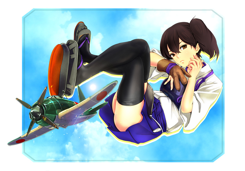 a7m_reppuu aerosmith_(stand) aircraft airplane black_legwear blush brown_eyes brown_hair crossed_legs gloves infinote japanese_clothes jojo_no_kimyou_na_bouken jojo_pose kaga_(kantai_collection) kantai_collection looking_at_viewer mitsubishi_a7m3-j muneate narancia_ghirga parody partly_fingerless_gloves pose revision short_hair side_ponytail single_glove sitting skirt solo thighhighs yugake