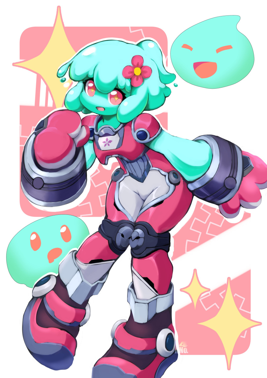 +_+ 1girl absurdres aqua_hair aqua_skin armor bodysuit border colored_skin flower full_body gloves hair_flower hair_ornament hand_up highres juno_(omega_strikers) looking_at_viewer medium_hair mekabu_(mkv) monster_girl omega_strikers open_mouth pauldrons pink_background pink_bodysuit pink_eyes pink_flower ponytail shoulder_armor slime_(creature) slime_(substance) slime_girl smile sparkle white_background white_border