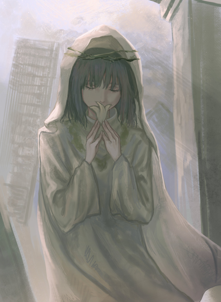 1girl absurdres closed_eyes flower grey_hair habit highres kyano_(kyanora3141) light_particles long_sleeves medium_hair nun original own_hands_together smelling_flower solo upper_body veil white_flower white_theme wide_sleeves