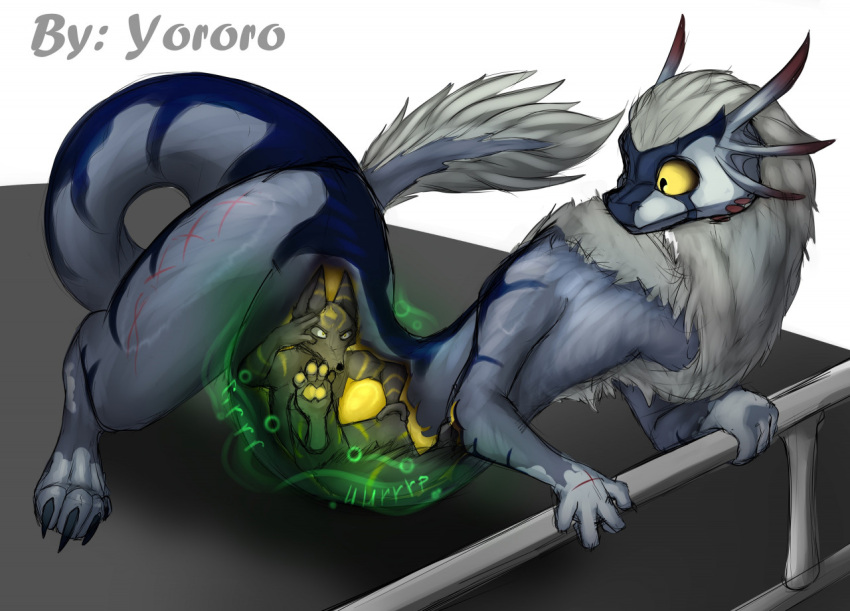 anthro belly blizzard_entertainment canid dragon duo female feral gurgles inside male male/female mammal mythological_creature mythological_scalie mythology oral organs rumbling scalie stomach vore vulpera warcraft x-ray_vision yoro yororo
