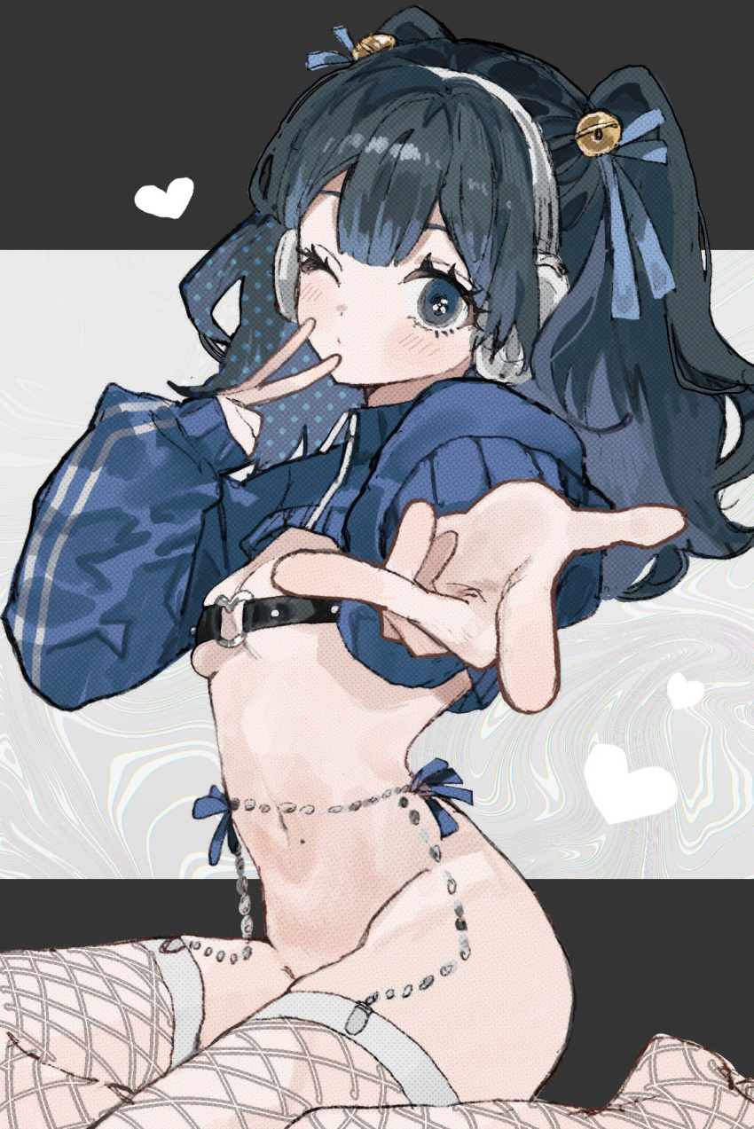 1girl ass bandeau bell black_bandeau black_hair blue_eyes blue_ribbon blue_shrug blush bottomless breasts dot_mouth fishnet_thighhighs fishnets hair_bell hair_ornament hair_ribbon headphones heart heart_o-ring highres inu_totemo long_sleeves looking_at_viewer medium_hair mole mole_on_stomach navel o-ring o-ring_top one_eye_closed original outstretched_arm puffy_long_sleeves puffy_sleeves reaching reaching_towards_viewer ribbon shrug_(clothing) sitting small_breasts solo thighhighs twintails yokozuwari