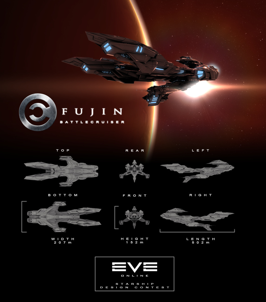 3d battlecruiser_(eve_online) blender_(medium) caldari_state_(eve_online) commentary concept_art copyright_name dasaniwaters emblem eve_online flying from_side glowing highres in_orbit logo military_vehicle multiple_views no_humans original outdoors photoshop_(medium) planet realistic reference_sheet science_fiction sky space spacecraft star_(sky) starry_sky thrusters vehicle_focus