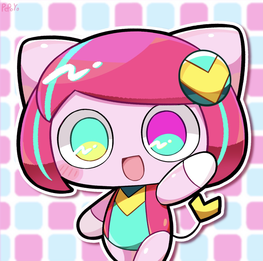 1girl aqua_eyes aqua_hair aqua_leotard aqua_trim arm_up artist_name blue_background checkered_background chibi chibi_only colored_skin gloves hairpods heterochromia highres leotard multicolored_leotard no_eyebrows open_mouth pepoyo pink_background pink_eyes pink_hair pink_leotard poyoroid short_hair sleeveless smile solo tail utau waving white_gloves yellow_leotard yellow_tail