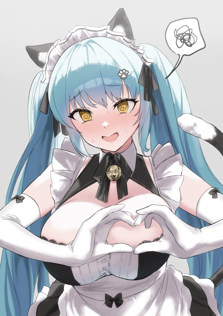 1girl @_@ absurdres animal_ear_fluff animal_ears aqua_hair bare_shoulders blush breasts cat_ears cleavage commentary_request elbow_gloves embarrassed gloves goddess_of_victory:_nikke grey_background heart heart-shaped_boob_challenge heart_hands highres huge_breasts large_areolae lia_(pzvs3887) long_hair looking_at_viewer maid official_alternate_costume open_mouth paw_hair_ornament privaty_(nikke) privaty_(unkind_maid)_(nikke) simple_background solo spoken_squiggle squiggle twintails white_gloves yellow_eyes