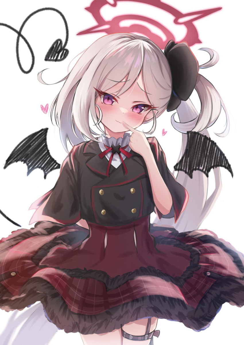 1girl black_shirt black_wings blue_archive blush buttons closed_mouth commentary cowboy_shot demon_tail double-breasted finger_to_mouth frilled_skirt frills halo heart highres index_finger_raised long_hair looking_at_viewer mutsuki_(blue_archive) neck_ribbon purple_eyes red_halo red_ribbon red_skirt ribbon shirt short_sleeves side_ponytail simple_background skirt solo tail thigh_strap white_background white_hair wings xeneca