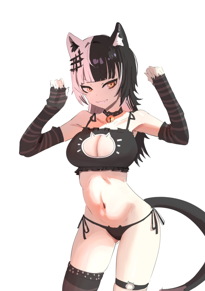1girl angelchama animal_ears black_arm_warmers black_collar black_hair black_nails black_panties black_thighhighs breasts cat_cutout cat_ears cat_lingerie cat_tail cleavage cleavage_cutout clothing_cutout collar grey_hair highres hololive hololive_english large_breasts long_hair looking_at_viewer meme_attire multicolored_hair o-ring o-ring_thigh_strap panties paw_pose shiori_novella side-tie_panties single_thighhigh smile solo split-color_hair tail thigh_strap thighhighs underwear virtual_youtuber white_background yellow_eyes