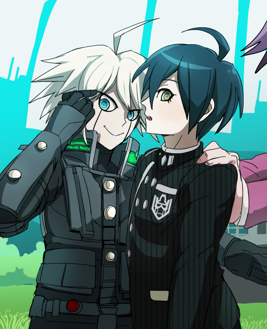3boys ahoge androgynous arm_around_waist black_shirt black_sleeves blanko! blue_eyes blue_hair buttons closed_mouth commentary cowboy crest danganronpa_(series) danganronpa_v3:_killing_harmony english_commentary eyelashes feet_out_of_frame fingernails green_eyes hand_on_another's_shoulder hand_on_own_forehead highres huge_ahoge k1-b0 layered_sleeves light_blue_hair long_sleeves looking_at_viewer male_focus momota_kaito multiple_boys open_mouth outdoors pink_sleeves pinstripe_pattern pinstripe_shirt pocket purple_hair saihara_shuichi shirt short_hair smile striped_clothes striped_shirt teeth upper_teeth_only vertical-striped_clothes vertical-striped_shirt vertical-striped_sleeves white_hair yaoi