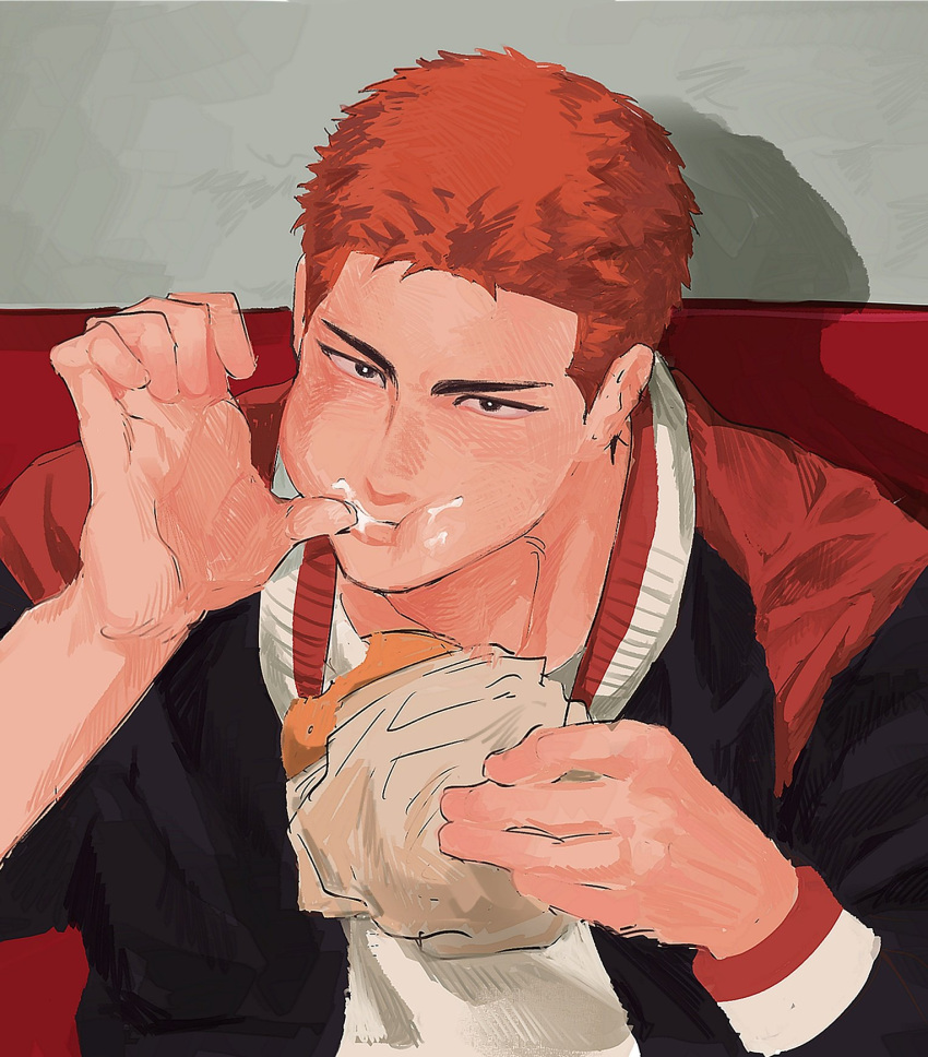 1boy 79 black_eyes chewing eating finger_in_own_mouth food food_on_face highres holding holding_food looking_at_viewer male_focus red_hair sakuragi_hanamichi short_hair slam_dunk_(series) solo thumb_sucking upper_body