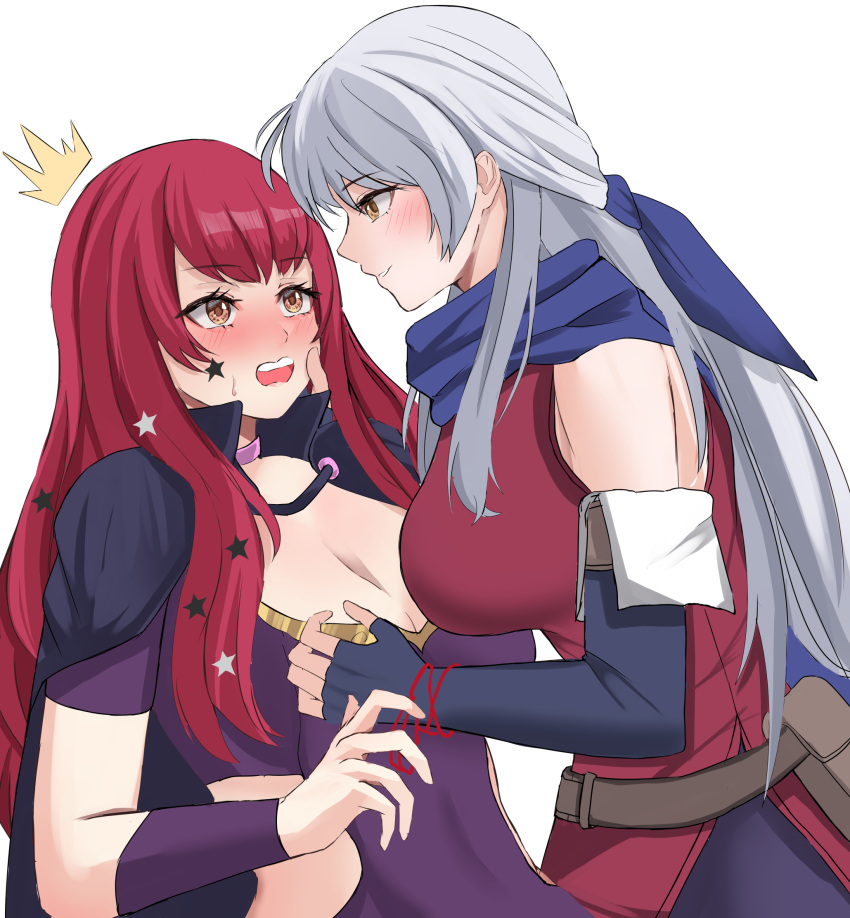 2girls alternate_breast_size bare_shoulders black_cape black_gloves blue_scarf blush bodysuit breasts brown_eyes cape choker cleavage clothing_cutout dress elbow_gloves facial_mark fingerless_gloves fire_emblem fire_emblem:_radiant_dawn fire_emblem_engage full-face_blush gloves grey_hair hair_ornament hair_ribbon half_updo hand_on_another's_face highres jewelry large_breasts long_hair looking_at_another micaiah_(fire_emblem) multiple_girls open_mouth peli_cantaro red_eyes red_hair ribbon scarf simple_background sleeveless sleeveless_dress smile star_(symbol) star_facial_mark star_hair_ornament upper_body white_background yellow_eyes yunaka_(fire_emblem) yuri