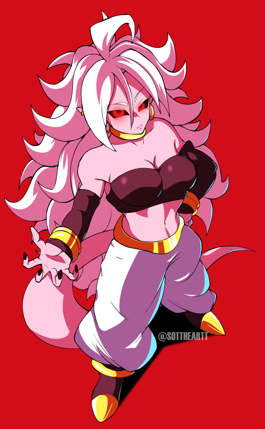 1girl absurdres android_21 black_nails breasts cleavage dragon_ball dragon_ball_fighterz earrings highres jewelry large_breasts long_hair looking_at_viewer majin_android_21 nail_polish pants red_background red_eyes shoes simple_background solo sottart tail white_hair