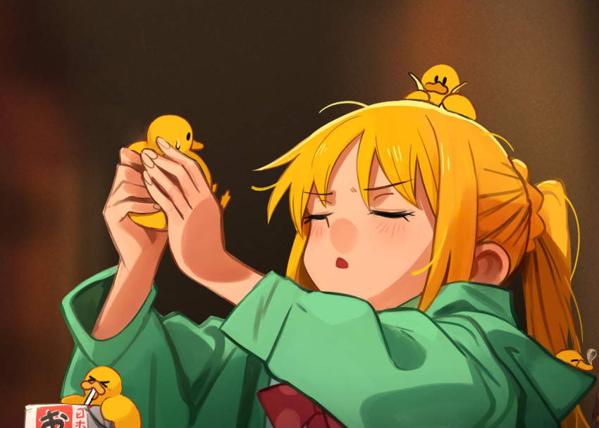 1girl alcohol_carton arms_up bird blonde_hair bocchi_the_rock! bow bowtie closed_eyes commentary derivative_work diva_(hyxpk) duck english_commentary fingernails green_jacket highres holding ijichi_nijika jacket khyle. long_hair long_sleeves meme open_mouth photo-referenced ponytail red_bow red_bowtie side_ponytail solo upper_body