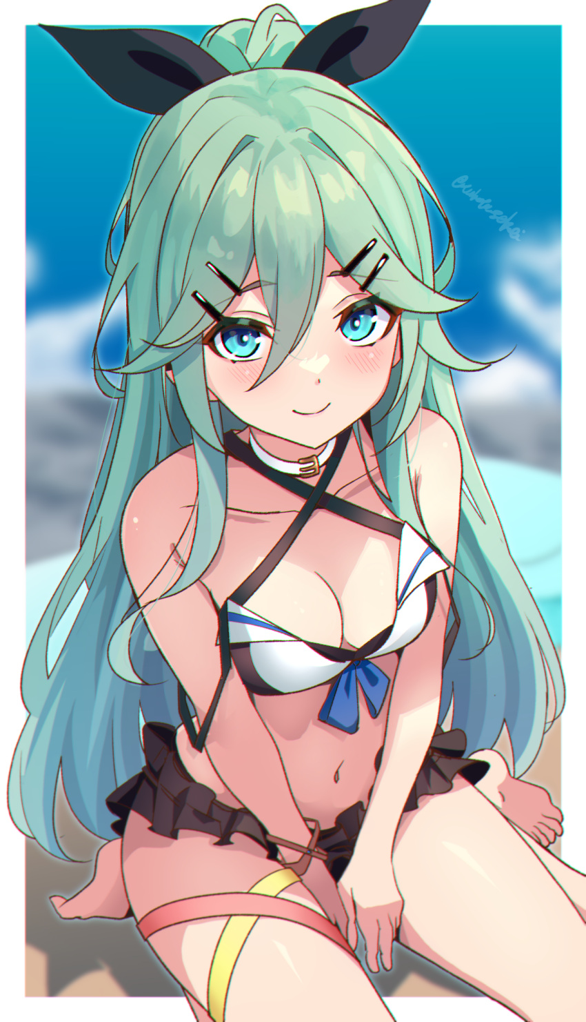 1girl alternate_costume ball beach beachball bikini black_bikini black_ribbon blue_eyes blurry blurry_background blush border breasts day frilled_bikini frills green_eyes green_hair hair_between_eyes hair_ornament hair_ribbon hairclip highres kantai_collection long_hair looking_at_viewer ocean ponytail ribbon sand small_breasts smile solo swimsuit toketa-sekai water white_border yamakaze_(kancolle)