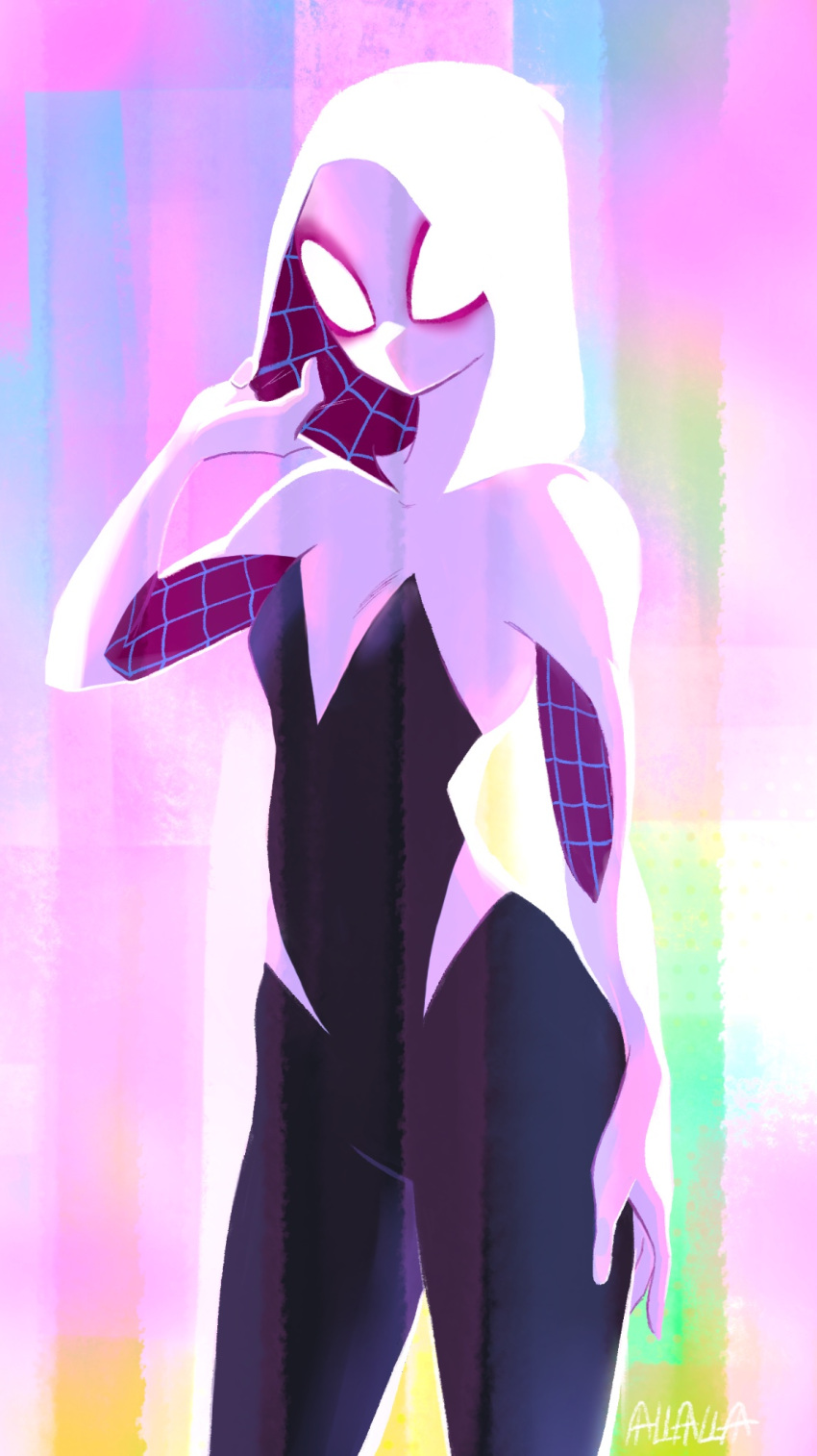 1girl black_bodysuit blue_background bodysuit breasts english_commentary green_background hand_up highres hood hooded_bodysuit marvel medium_breasts multicolored_background multicolored_bodysuit multicolored_clothes pink_background purple_bodysuit solo spider-gwen spider-man:_into_the_spider-verse spider-man_(series) spider-verse spider_web_print standing superhero sushi_pizza_rrr twitter_username white_bodysuit yellow_background