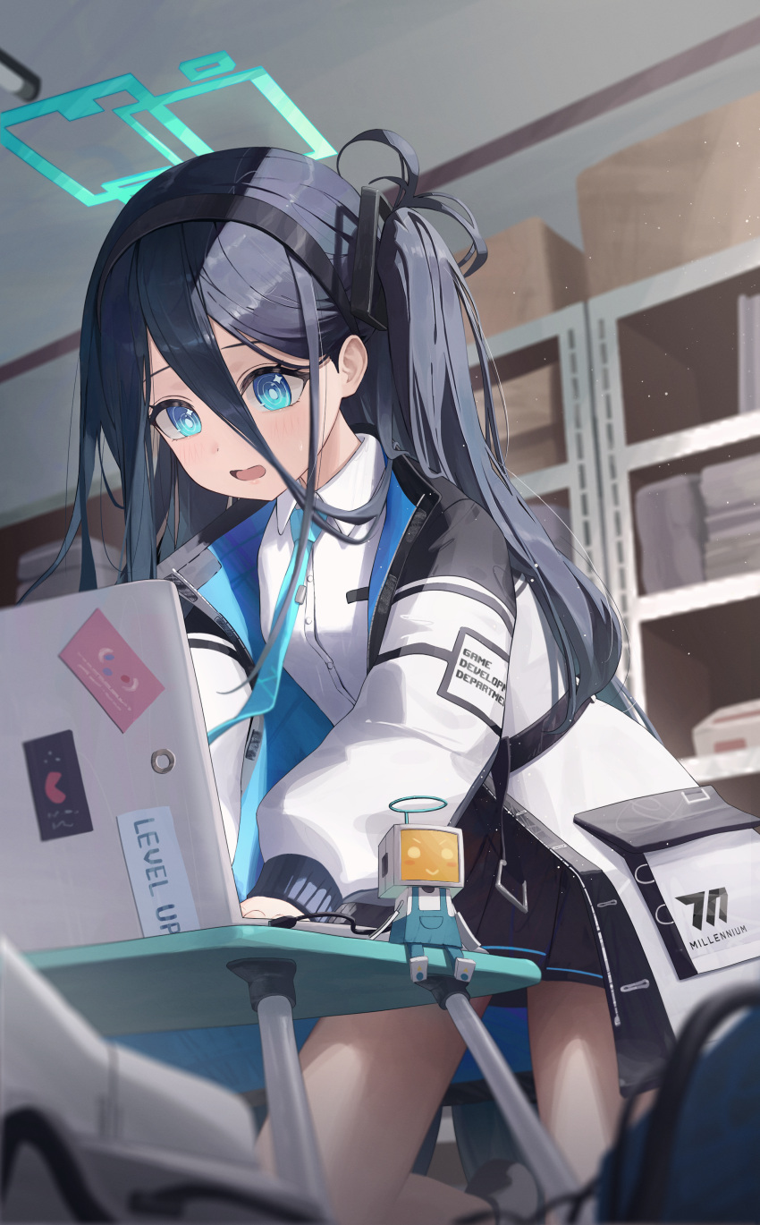 &lt;key&gt;_(robot)_(blue_archive) 1girl absurdres achib aqua_halo aris_(blue_archive) black_hairband black_skirt blue_archive blue_eyes blue_necktie box collared_shirt commentary computer foot_out_of_frame hair_between_eyes hairband highres indoors jacket kneeling laptop long_hair long_hair_between_eyes long_sleeves necktie one_side_up open_clothes open_jacket open_mouth pleated_skirt ringed_eyes shelf shirt skirt square_halo tie_clip white_jacket white_shirt