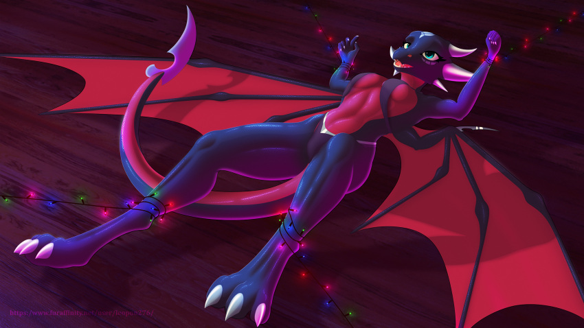 2024 activision anthro black_body black_scales breasts christmas_lights clothed clothing cynder dragon eyelashes feet female head_markings hi_res horn leopon276 lying markings medium_breasts membrane_(anatomy) membranous_wings mythological_creature mythological_scalie mythology navel on_back open_mouth red_body red_scales scales scalie solo spyro_the_dragon teal_eyes wings