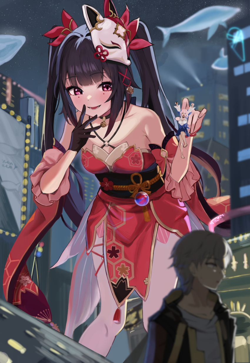 1boy 2girls :d bare_shoulders black_choker black_gloves bow breasts brown_hair building caelus_(honkai:_star_rail) carrying carrying_person choker cityscape collarbone criss-cross_halter detached_sleeves dress feet_out_of_frame fox_mask giant giantess gloves gradient_hair hair_bow hair_intakes halterneck hand_to_own_mouth highres honkai:_star_rail honkai_(series) kongonarika_(harunari128) large_breasts leaning_forward legs_apart long_bangs long_hair looking_at_viewer lower_teeth_only march_7th_(honkai:_star_rail) mask mask_on_head multicolored_hair multiple_girls night o-ring open_mouth outdoors pink_eyes profile red_bow red_dress red_hair red_sleeves short_sleeves sidelocks single_glove skyscraper smile sparkle_(honkai:_star_rail) spotlight teeth trailblazer_(honkai:_star_rail) twintails whale