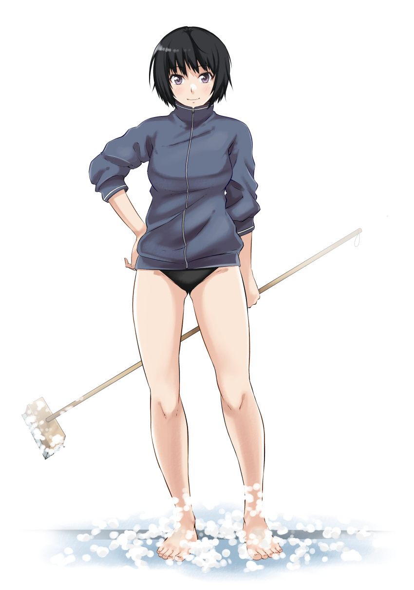 1girl absurdres amagami arm_at_side barefoot black_hair black_one-piece_swimsuit blue_jacket breasts broom cleaning closed_mouth commentary hand_on_own_hip highres holding holding_broom jacket jacket_over_swimsuit jishaku_(user_rcuz2843) light_blush looking_at_viewer medium_breasts nanasaki_ai one-piece_swimsuit purple_eyes short_hair simple_background smile soap_bubbles solo standing straight-on swimsuit swimsuit_under_clothes track_jacket white_background